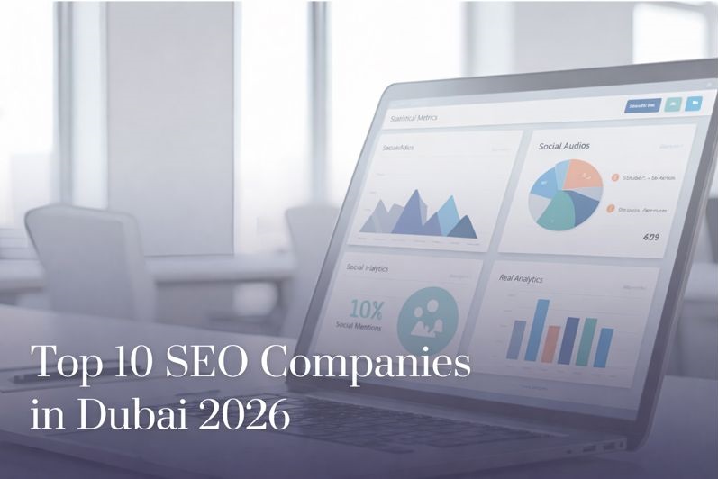 Laptop displaying SEO analytics and performance dashboards in a modern office with text โTop 10 SEO Companies in Dubai 2026โ