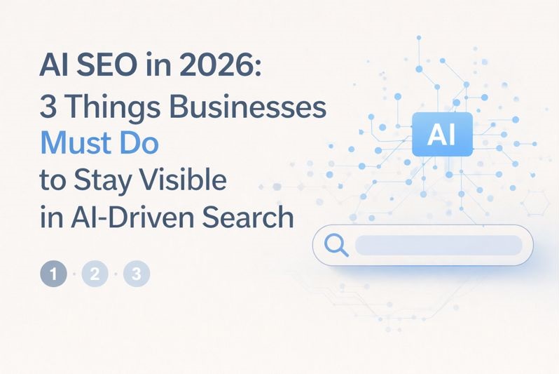 Minimal AI SEO graphic showing the text โAI SEO in 2026: 3 Things Businesses Must Do to Stay Visible in AI-Driven Searchโ with abstract AI and search elements