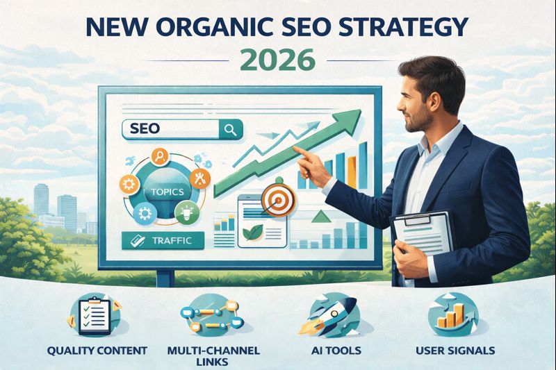 Visual representation of a new organic SEO strategy for 2026 showing search growth, content focus, and long-term SEO planning