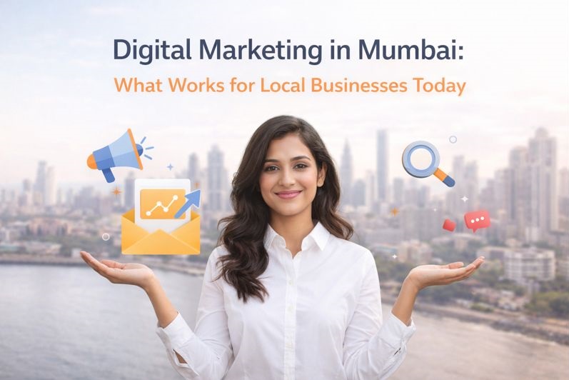 Woman presenting digital marketing concepts with Mumbai city skyline in the background and marketing icons around her