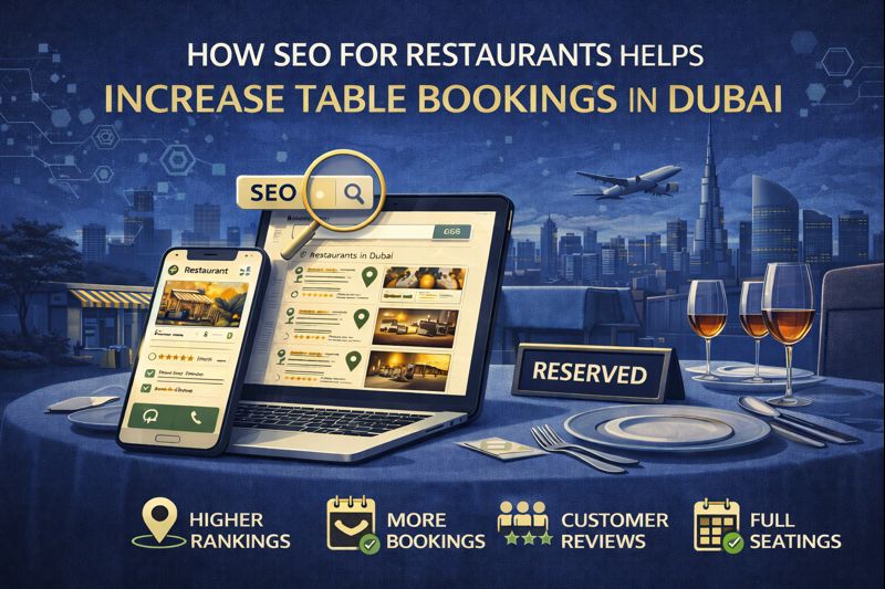 Illustration showing how SEO for restaurants helps increase table bookings in Dubai with online search results, reservations, and full tables