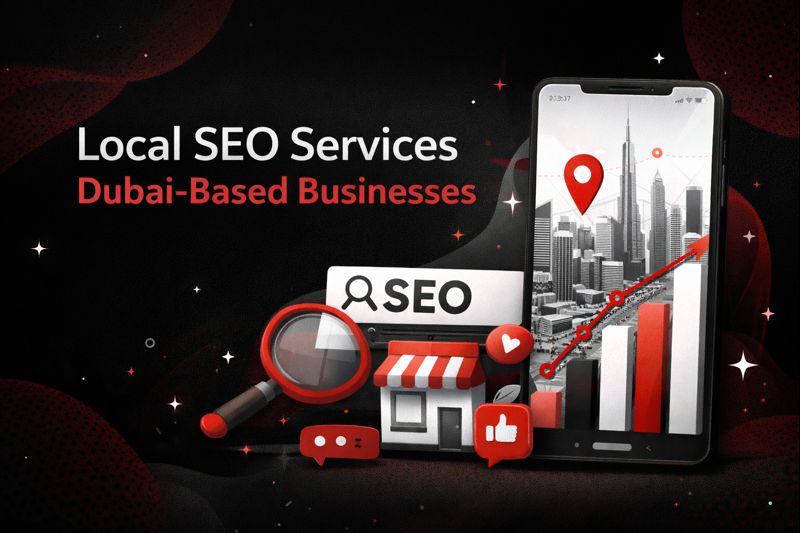 Red and black local SEO services poster showing Dubai city map, location pin, SEO icons, and business growth chart