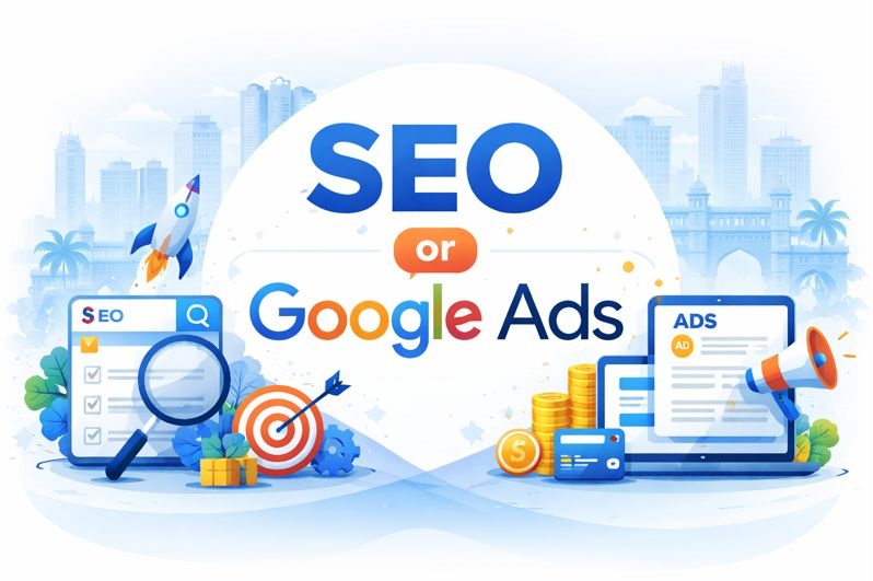 SEO vs Google Ads comparison illustration showing organic search growth and paid advertising concepts for businesses