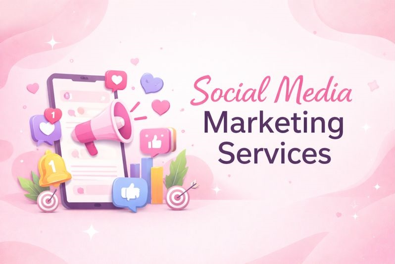 Baby pink social media marketing services poster with smartphone, megaphone, engagement icons, and growth graphics