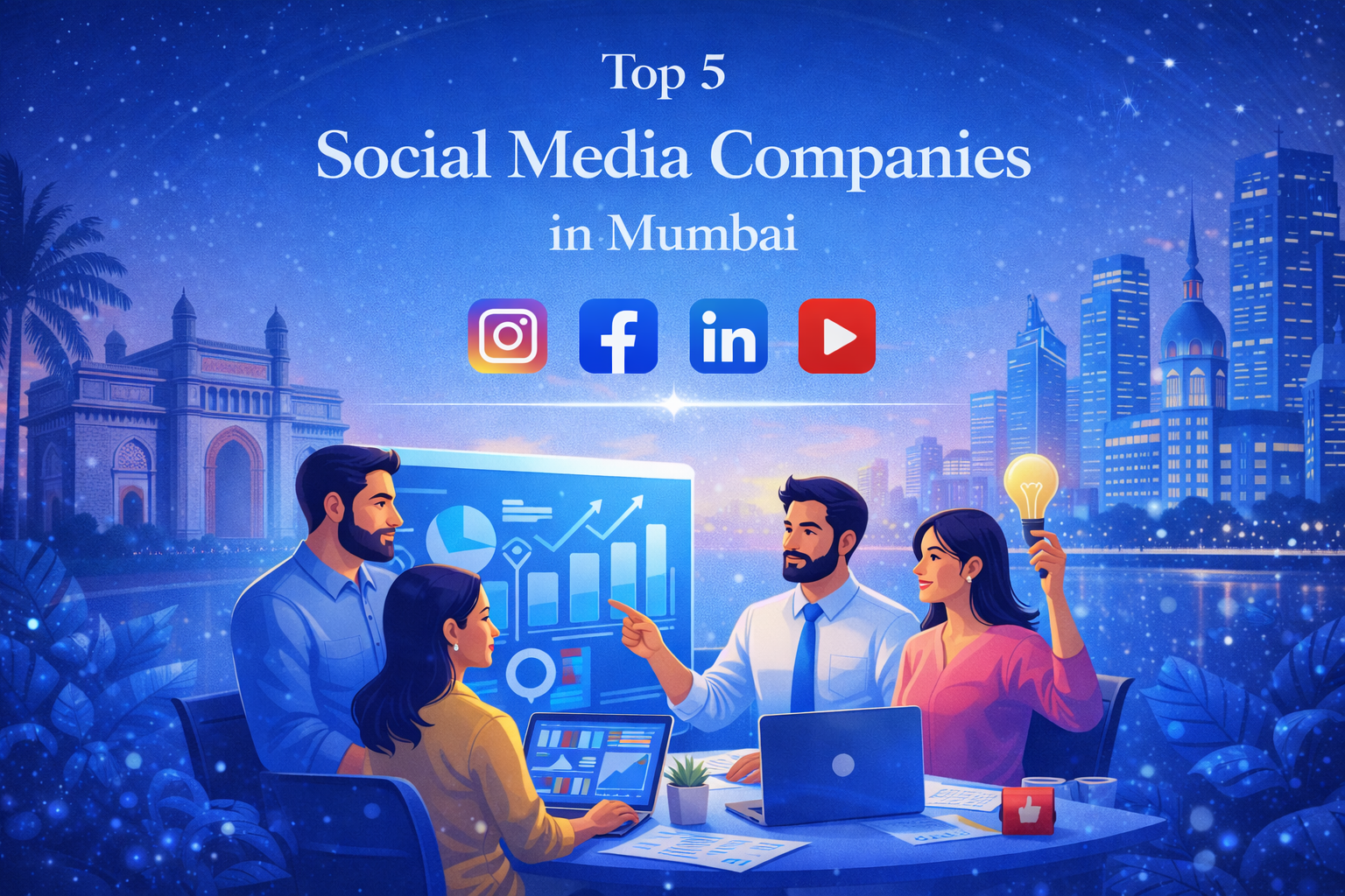 Top social media companies in Mumbai with digital marketing team strategy analytics and social media platforms illustration